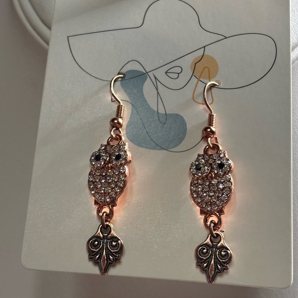 Handmade Rhinestone Owl Dangle Earrings with antique copper charms 2 inches